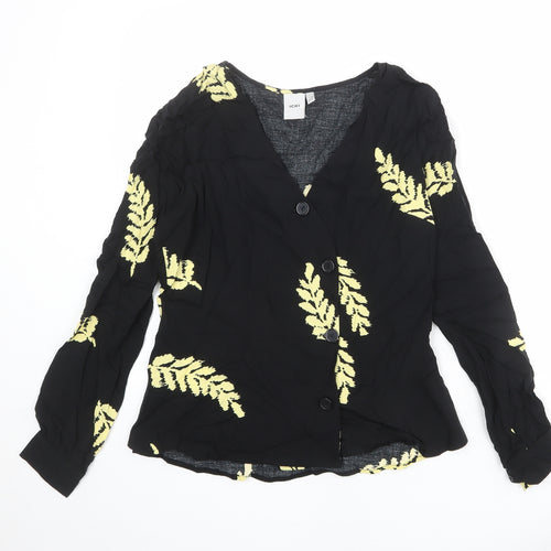 ICHI Womens Black Geometric Viscose Basic Button-Up Size 8 V-Neck