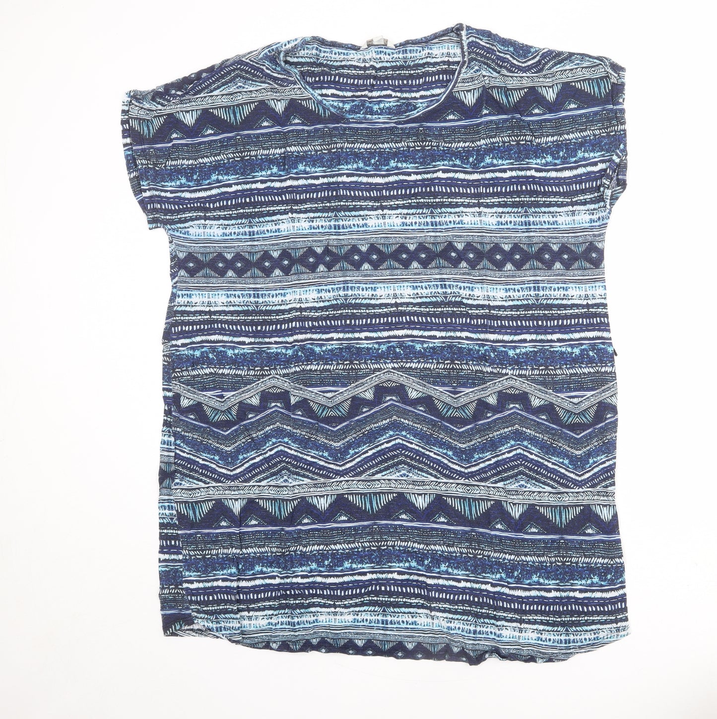 Monsoon Womens Blue Geometric Viscose T-Shirt Dress Size L Boat Neck Pullover