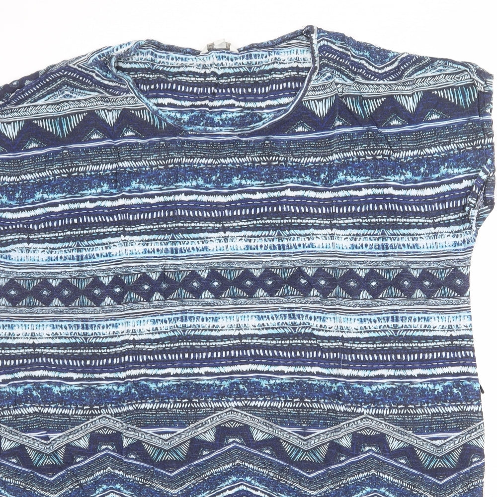 Monsoon Womens Blue Geometric Viscose T-Shirt Dress Size L Boat Neck Pullover