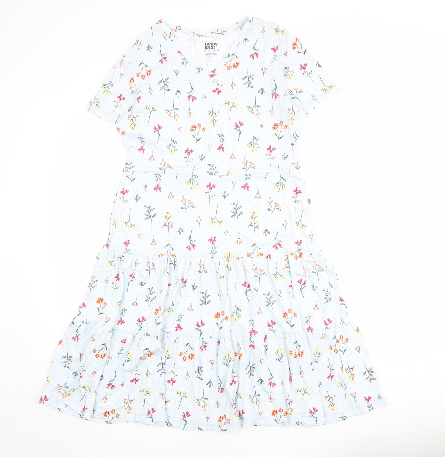 Lands' End Womens Blue Floral Cotton A-Line Size S V-Neck Pullover