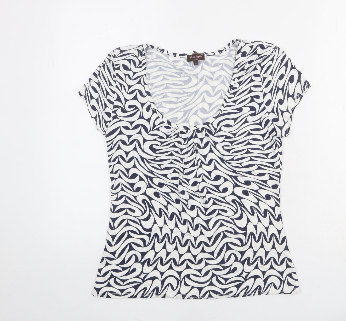 Phase Eight Womens Blue Geometric Viscose Basic T-Shirt Size 12 Scoop Neck