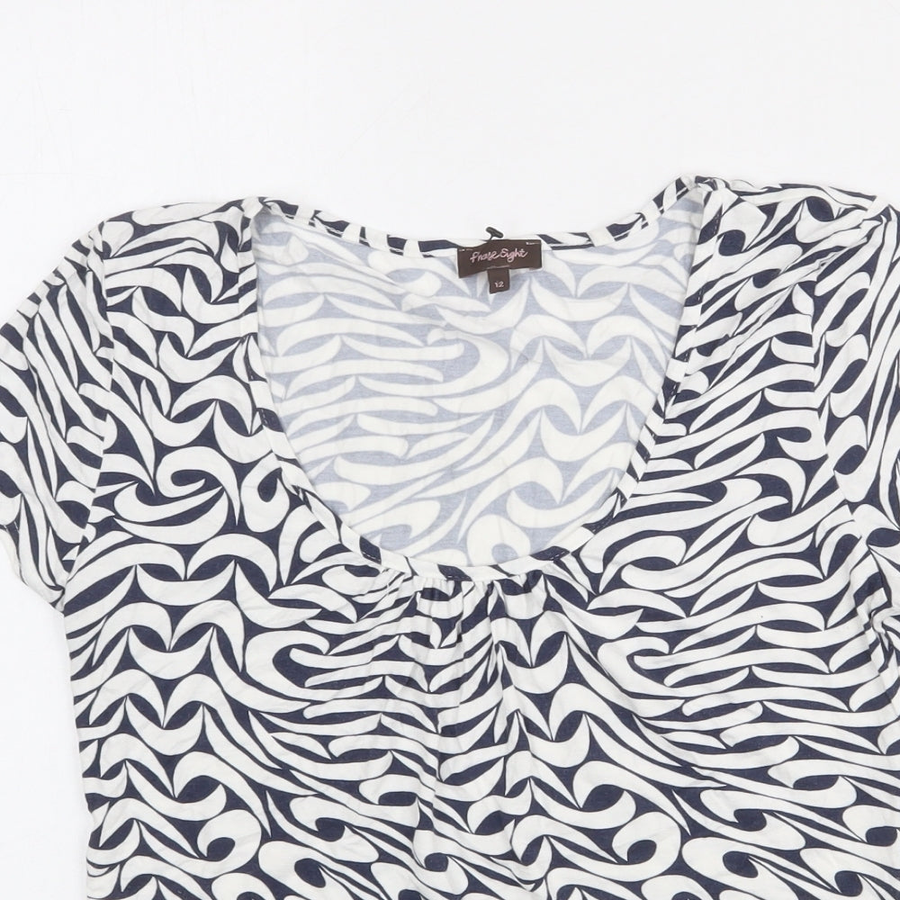 Phase Eight Womens Blue Geometric Viscose Basic T-Shirt Size 12 Scoop Neck