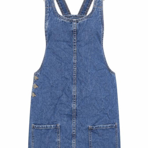 Denim & Co. Womens Blue 100% Cotton Pinafore/Dungaree Dress Size 6 Round Neck Buckle