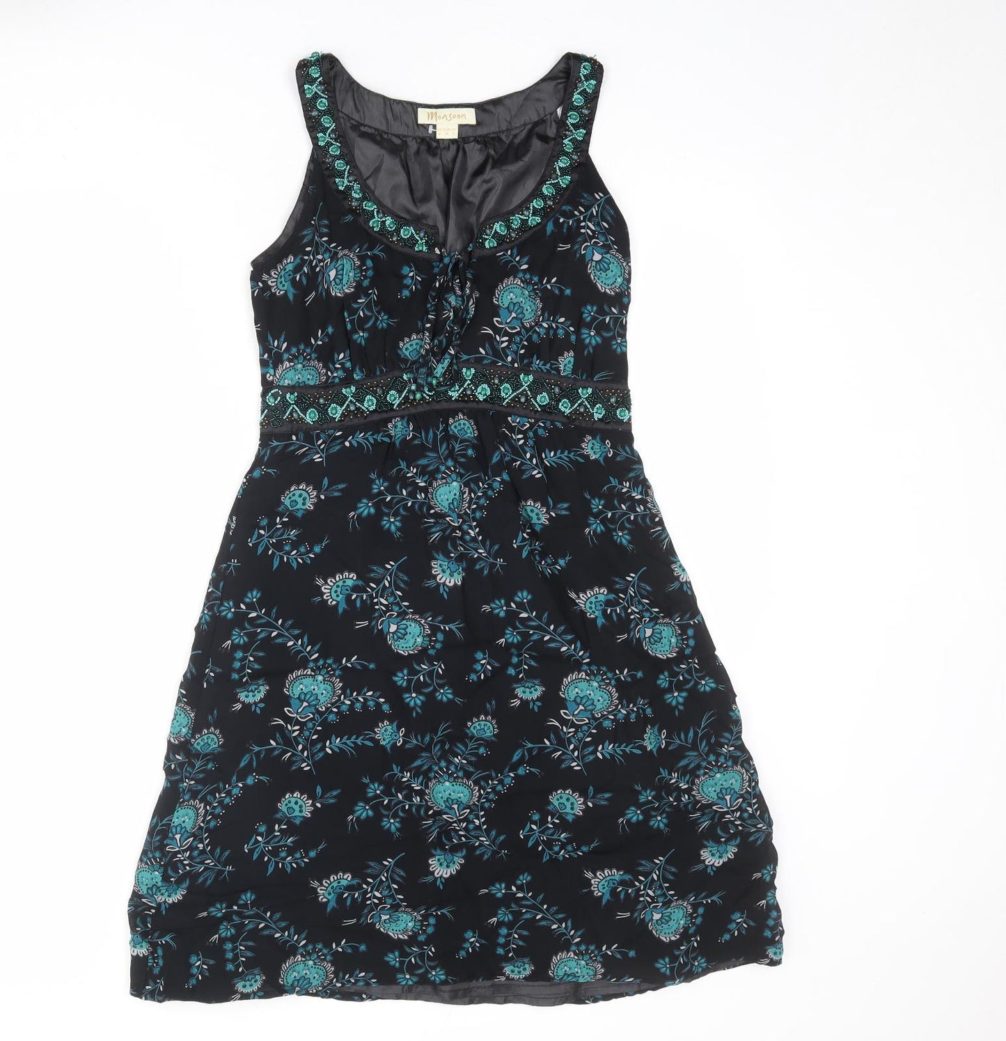 Monsoon Womens Black Floral Viscose A-Line Size 8 Scoop Neck Zip - Embellished