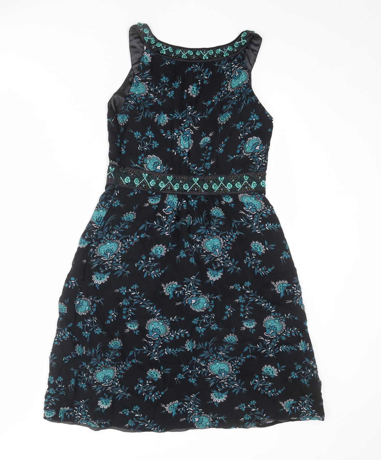 Monsoon Womens Black Floral Viscose A-Line Size 8 Scoop Neck Zip - Embellished