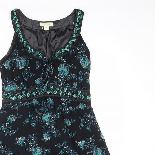 Monsoon Womens Black Floral Viscose A-Line Size 8 Scoop Neck Zip - Embellished