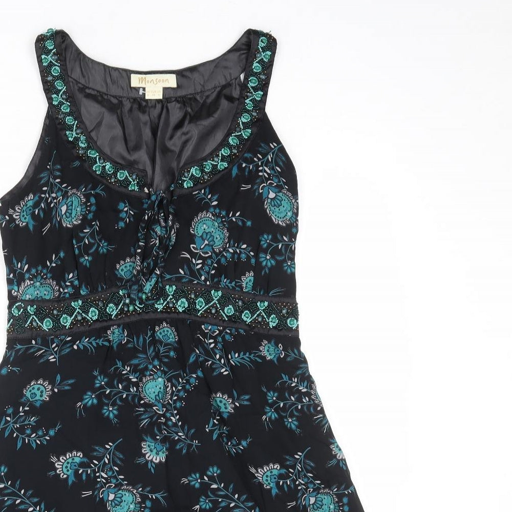 Monsoon Womens Black Floral Viscose A-Line Size 8 Scoop Neck Zip - Embellished