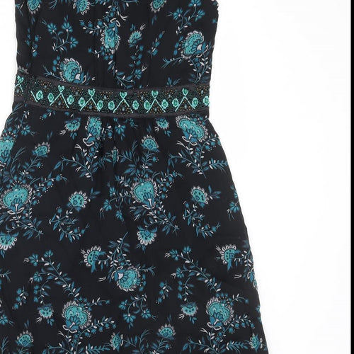 Monsoon Womens Black Floral Viscose A-Line Size 8 Scoop Neck Zip - Embellished