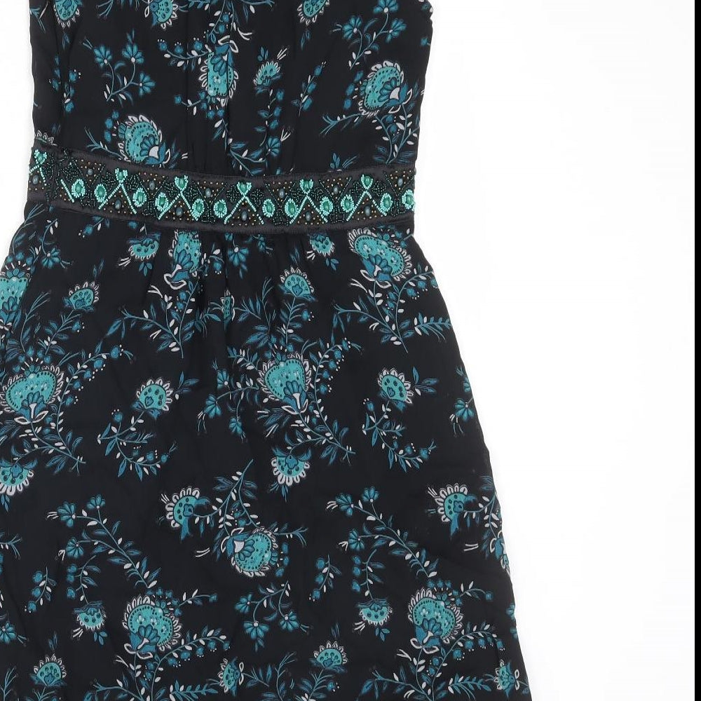 Monsoon Womens Black Floral Viscose A-Line Size 8 Scoop Neck Zip - Embellished