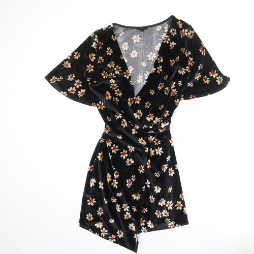 Topshop Womens Black Floral Polyester Wrap Dress Size 10 V-Neck Tie - Angel Sleeve