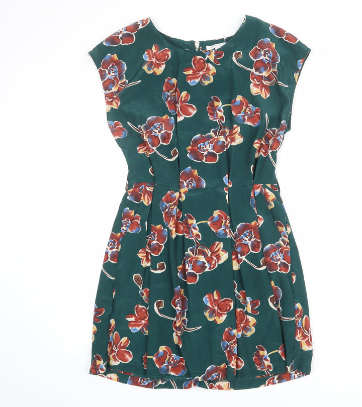 Glamorous Womens Green Floral Polyester Shift Size 8 Boat Neck Zip