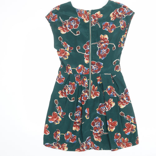 Glamorous Womens Green Floral Polyester Shift Size 8 Boat Neck Zip