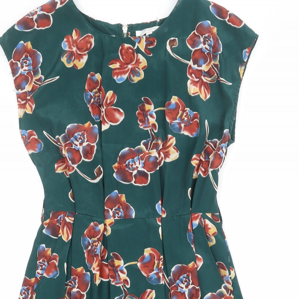 Glamorous Womens Green Floral Polyester Shift Size 8 Boat Neck Zip
