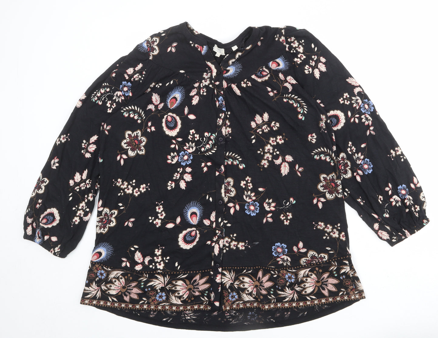 Fat Face Womens Black Floral Cotton Basic Button-Up Size 14 V-Neck