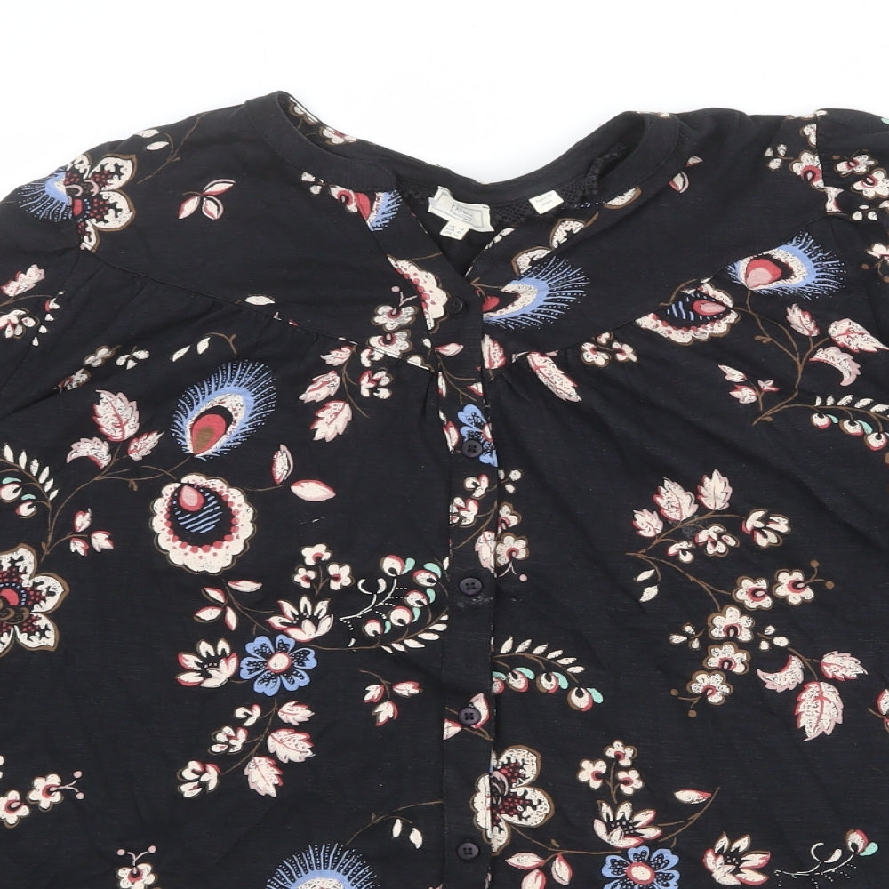 Fat Face Womens Black Floral Cotton Basic Button-Up Size 14 V-Neck