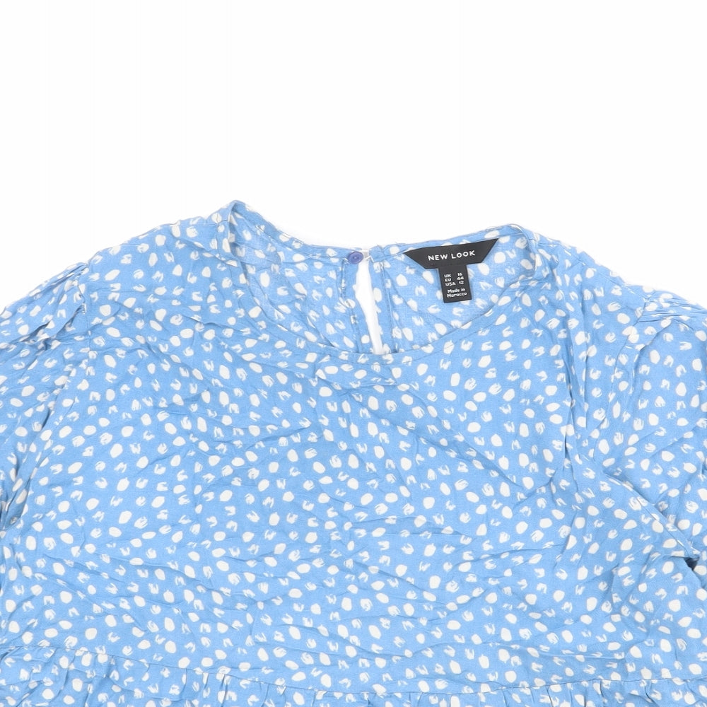 New Look Womens Blue Animal Print Viscose Basic Blouse Size 16 Round Neck