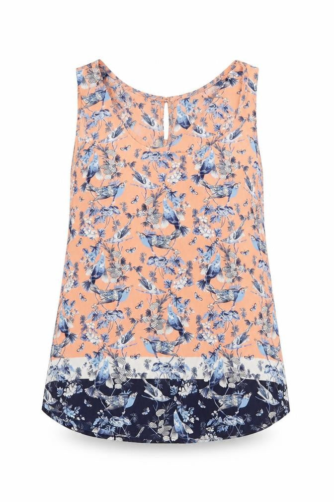 Front view of Oasis women’s pink geometric polyester basic tank, size UK 8, boat neck - bird print