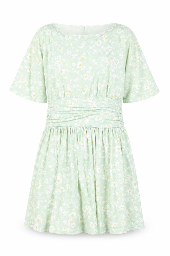 Front view of ASOS women’s green floral polyester mini, size UK 14, round neck button