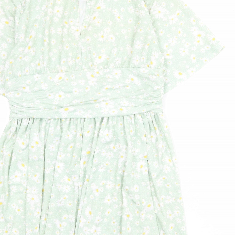 ASOS Womens Green Floral Polyester Mini Size 14 Round Neck Button