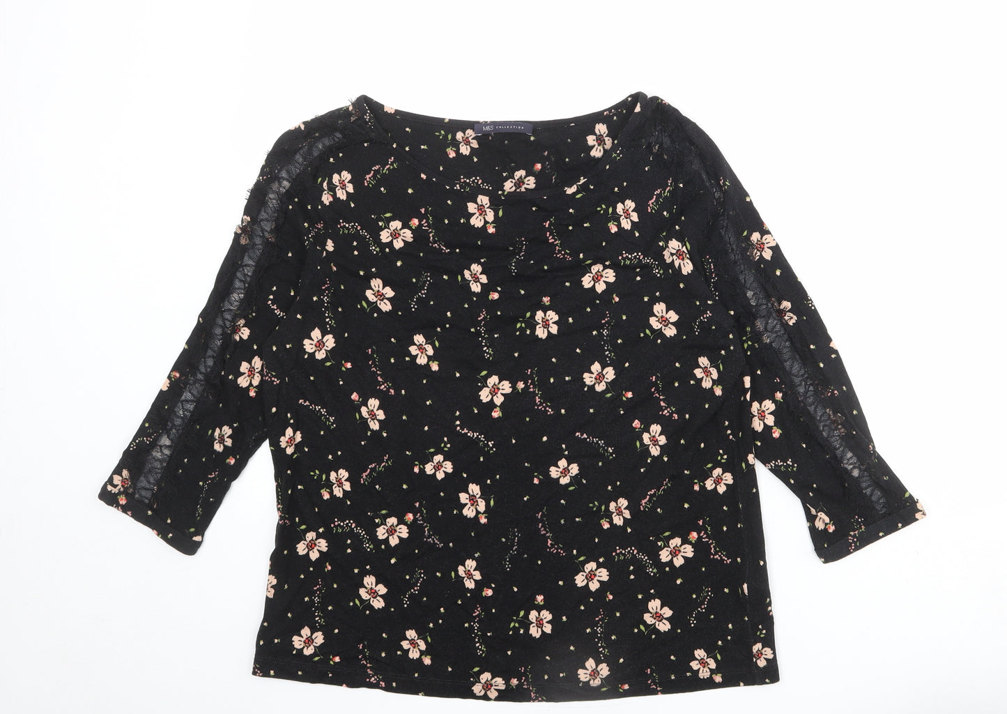 Marks and Spencer Womens Black Floral Viscose Basic Blouse Size 14 Boat Neck