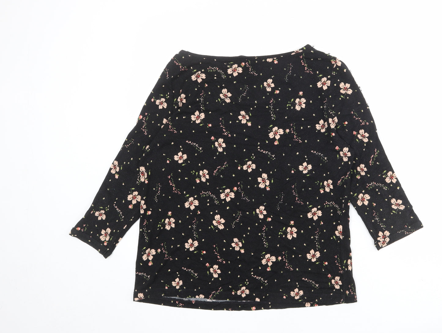 Marks and Spencer Womens Black Floral Viscose Basic Blouse Size 14 Boat Neck