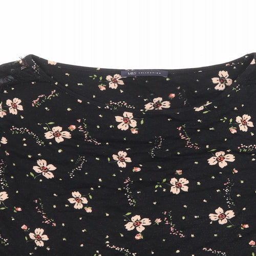 Marks and Spencer Womens Black Floral Viscose Basic Blouse Size 14 Boat Neck