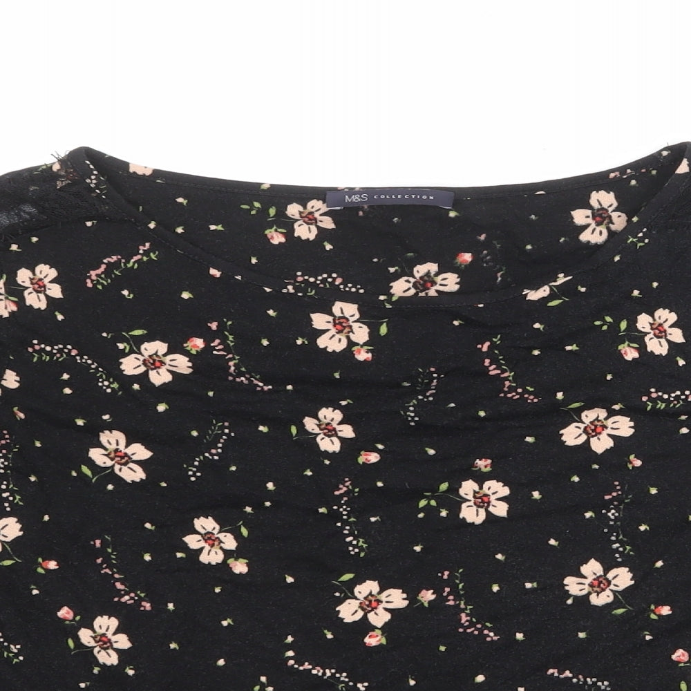 Marks and Spencer Womens Black Floral Viscose Basic Blouse Size 14 Boat Neck