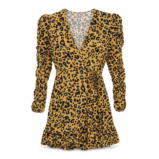 Front view of Topshop women’s brown animal print viscose wrap dress, size UK 8, v-neck tie - leopard pattern