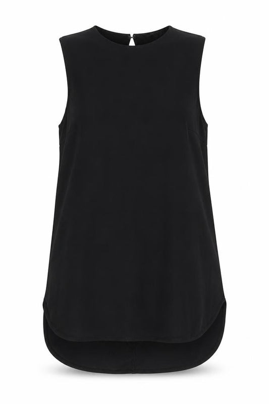 Front view of Warehouse women’s black polyester basic tank, size UK 12, round neck