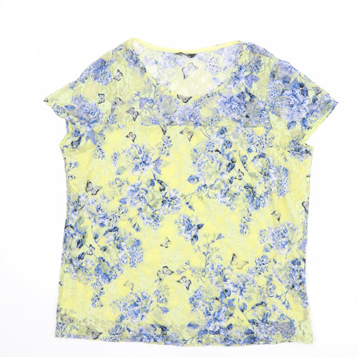 M&Co Womens Yellow Geometric Polyester Basic T-Shirt Size 18 Round Neck - Lace Overlay