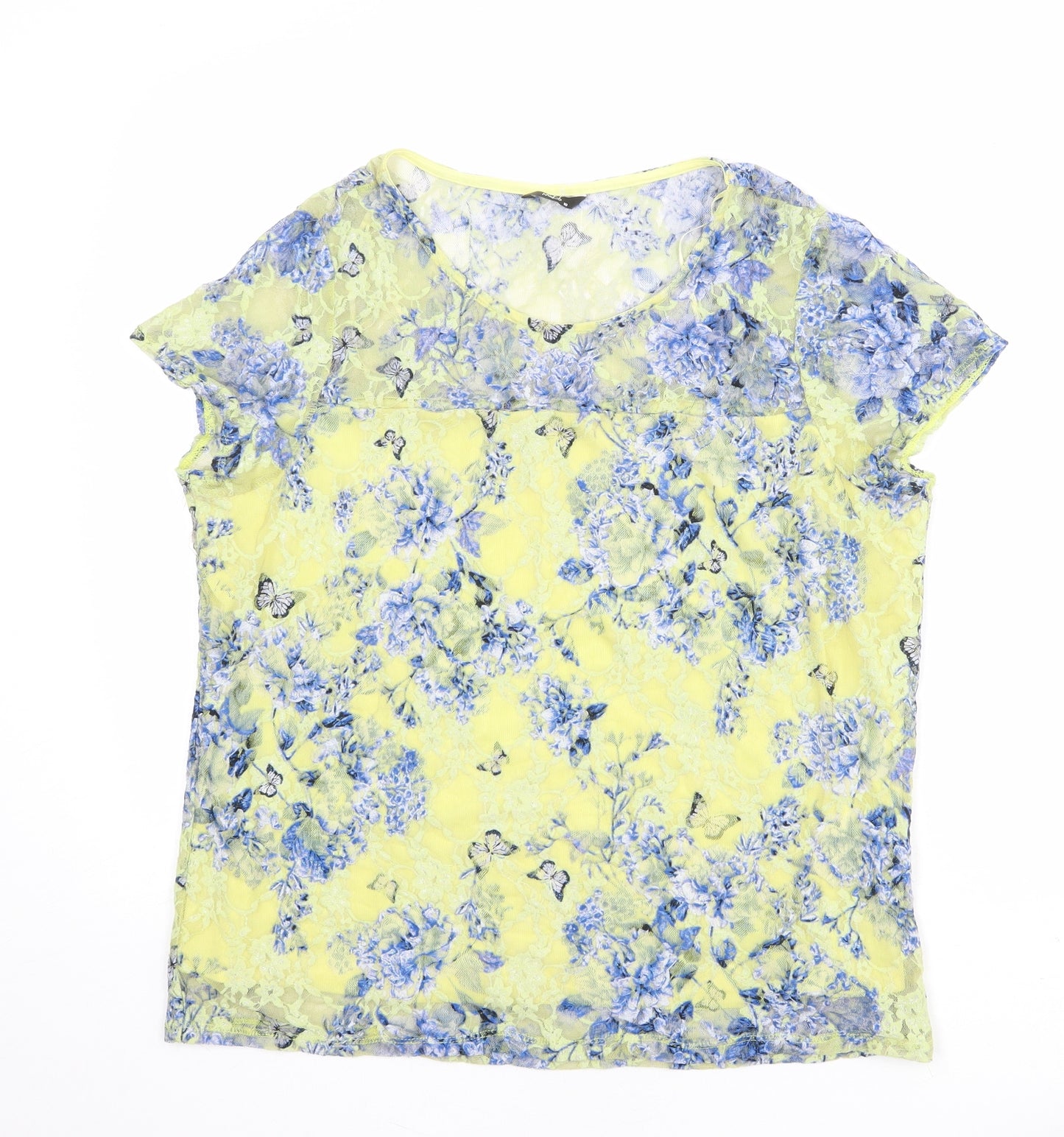 M&Co Womens Yellow Geometric Polyester Basic T-Shirt Size 18 Round Neck - Lace Overlay