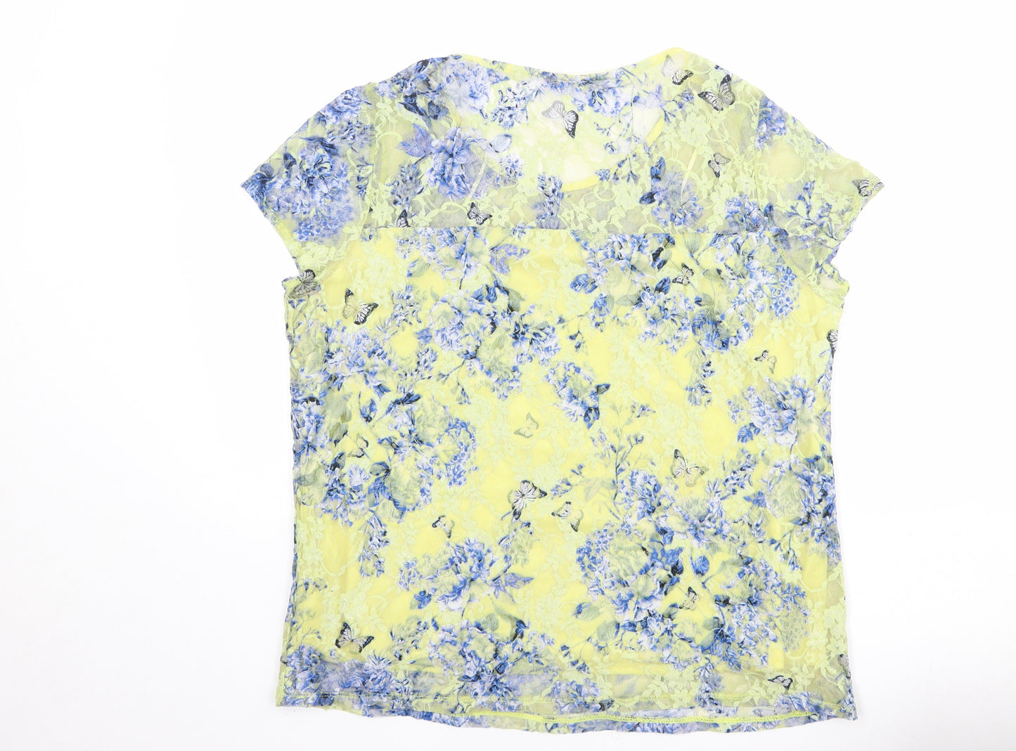 M&Co Womens Yellow Geometric Polyester Basic T-Shirt Size 18 Round Neck - Lace Overlay