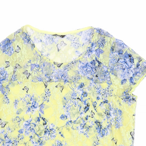 M&Co Womens Yellow Geometric Polyester Basic T-Shirt Size 18 Round Neck - Lace Overlay