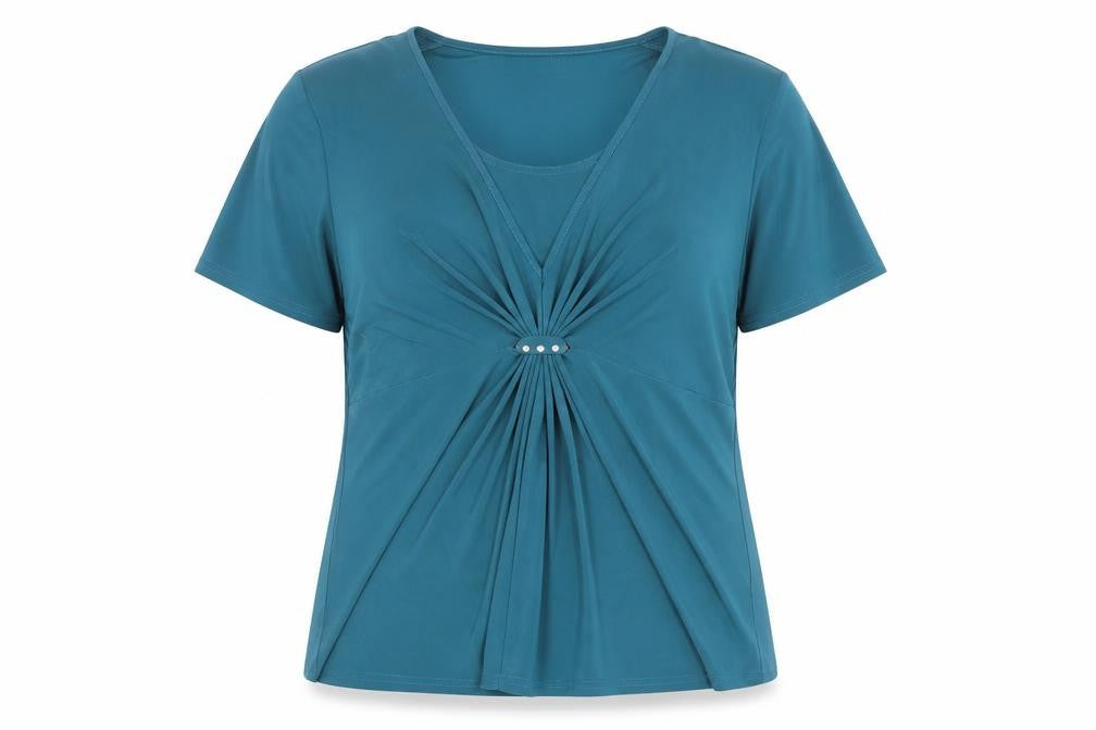 Front view of Bassini women’s blue polyester basic blouse, size L, v-neck -, size L/xl