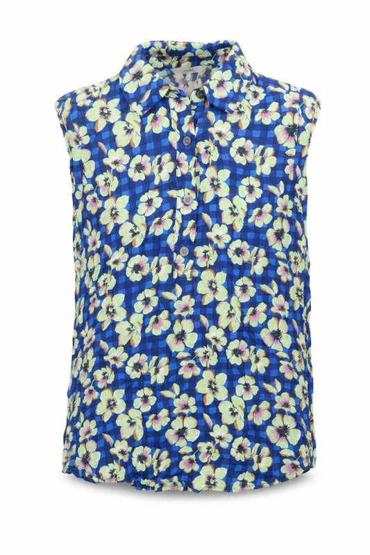 Front view of Next women’s blue floral viscose basic button-up, size UK 6, collared