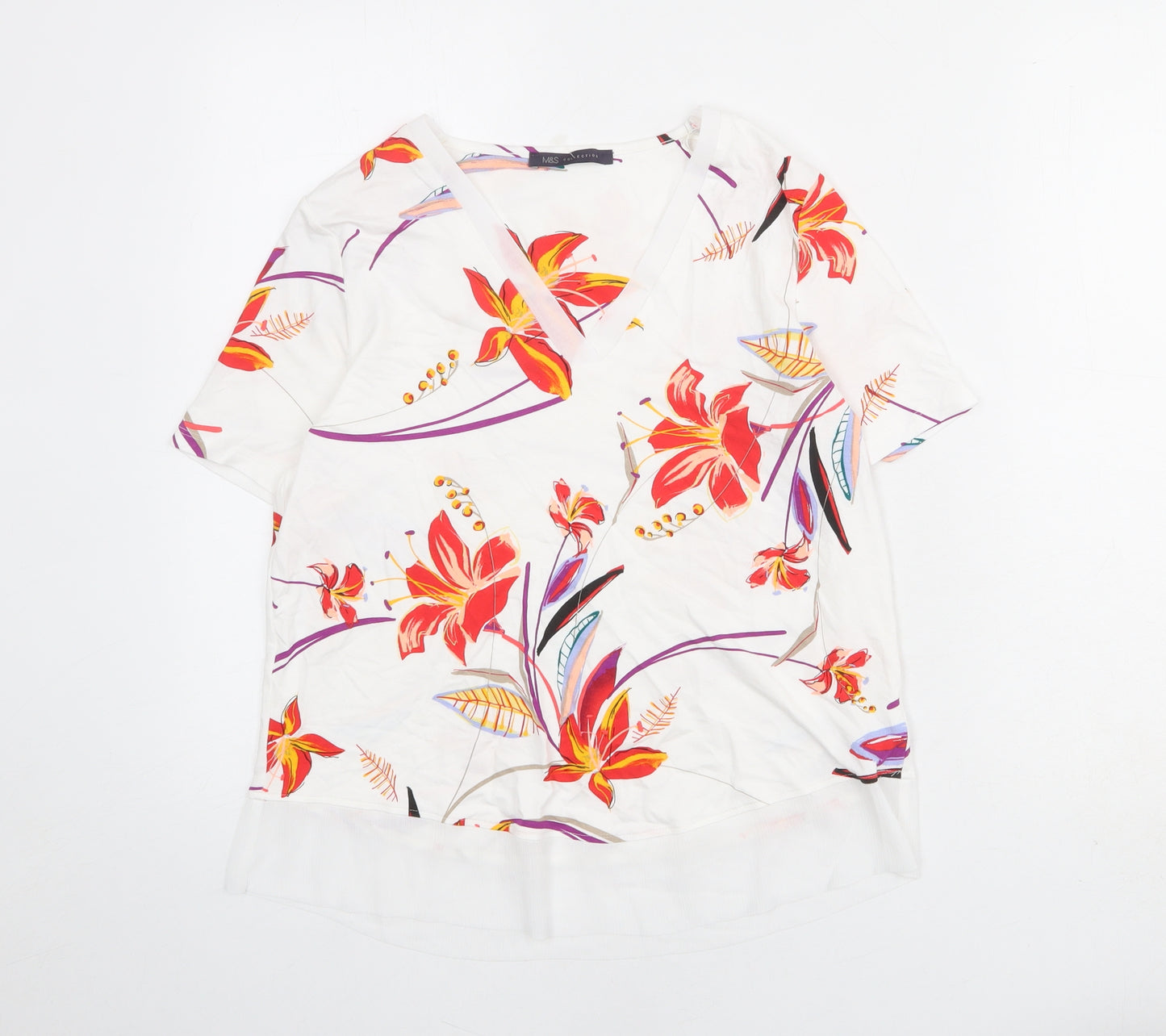 Marks and Spencer Womens White Geometric Viscose Basic Blouse Size 10 V-Neck