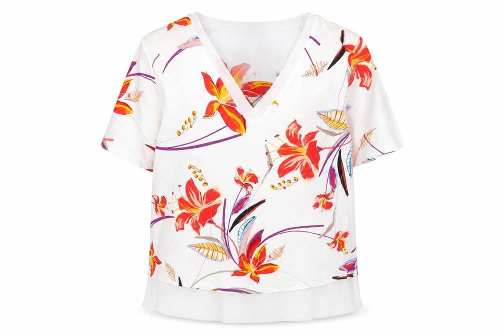 Front view of Marks & Spencer women’s white geometric viscose basic blouse, size UK 10, v-neck