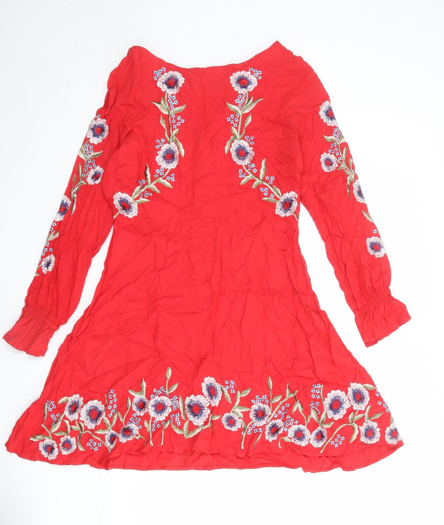 New Look Womens Red Floral Viscose Skater Dress Size 12 Boat Neck Zip