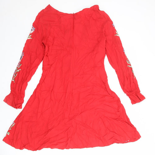 New Look Womens Red Floral Viscose Skater Dress Size 12 Boat Neck Zip