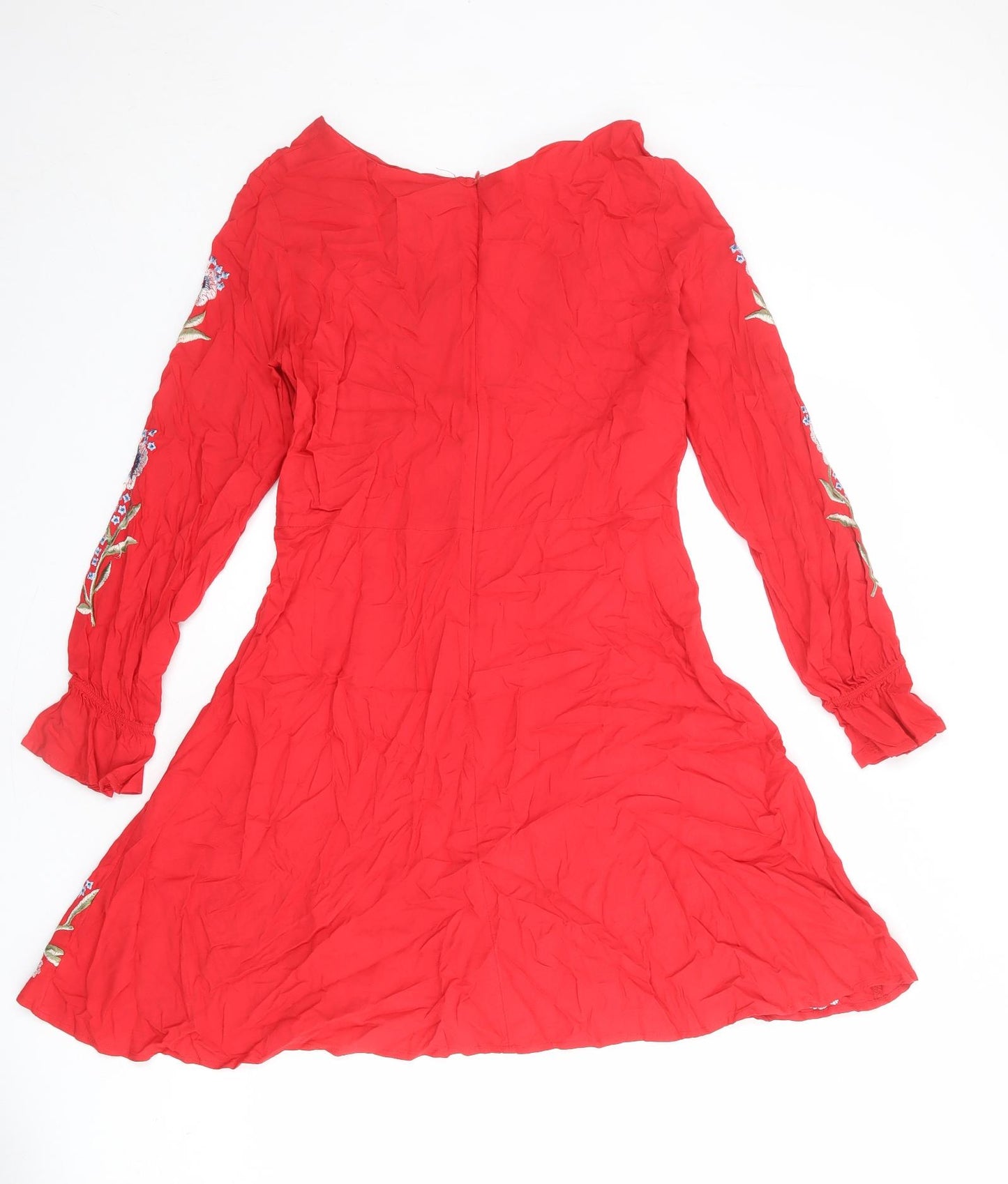 New Look Womens Red Floral Viscose Skater Dress Size 12 Boat Neck Zip