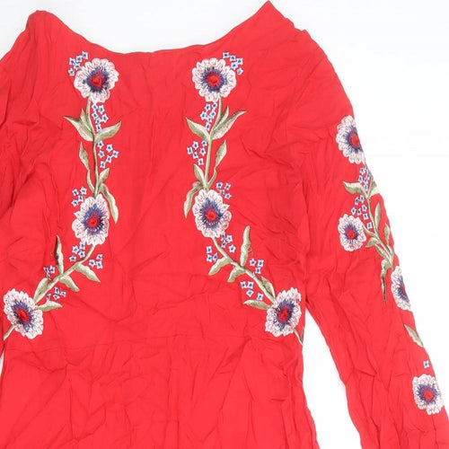 New Look Womens Red Floral Viscose Skater Dress Size 12 Boat Neck Zip