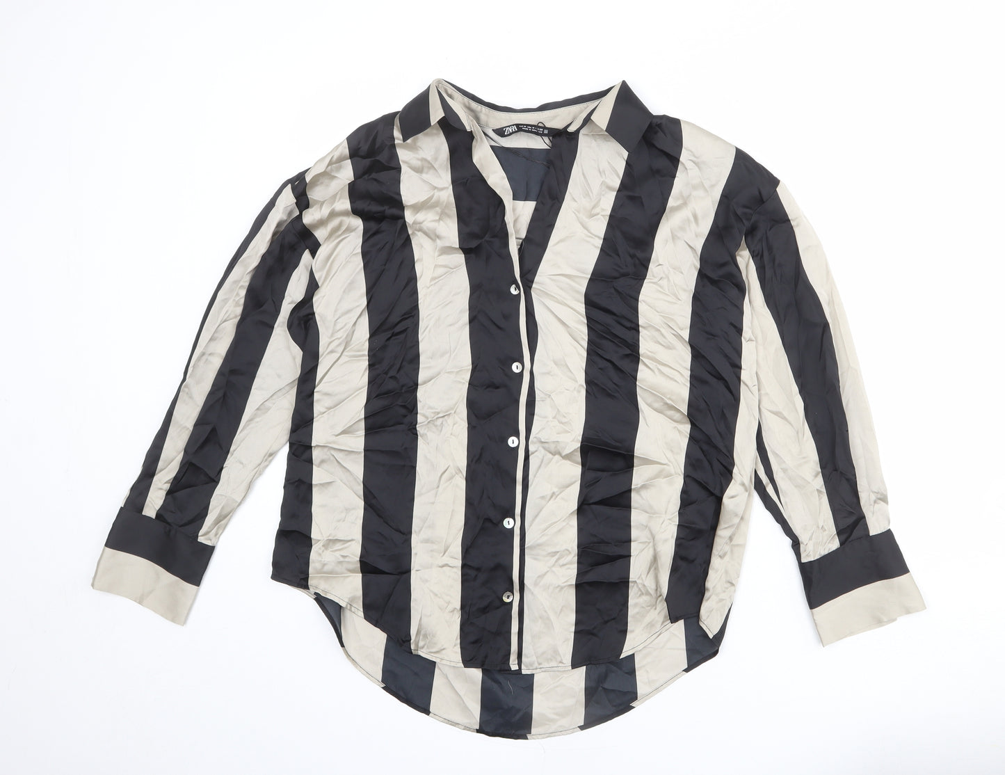 Zara Womens Black Striped Polyester Basic Button-Up Size L Collared