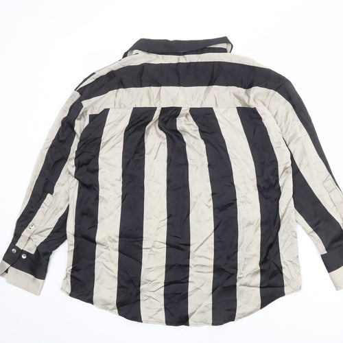 Zara Womens Black Striped Polyester Basic Button-Up Size L Collared
