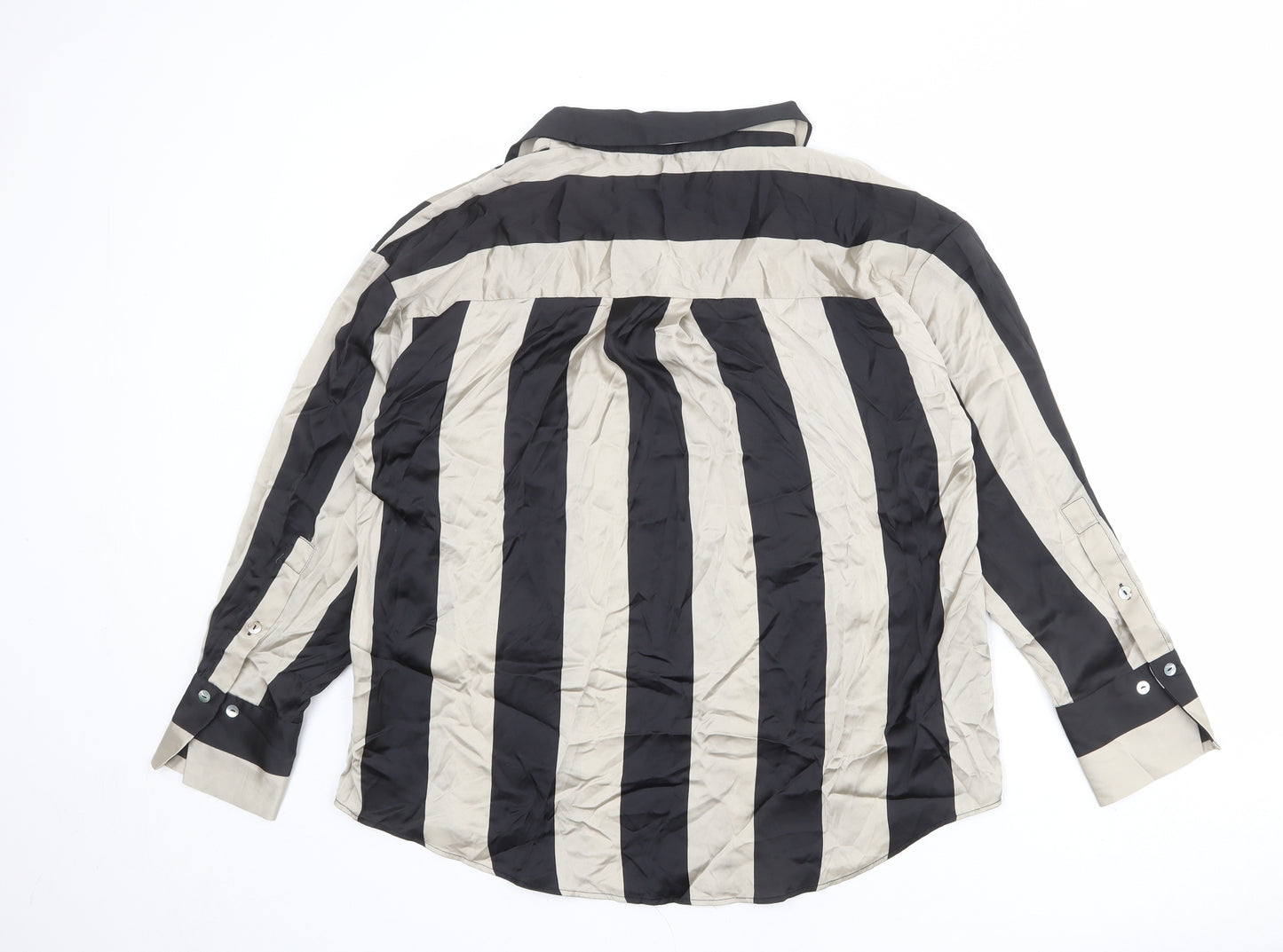 Zara Womens Black Striped Polyester Basic Button-Up Size L Collared