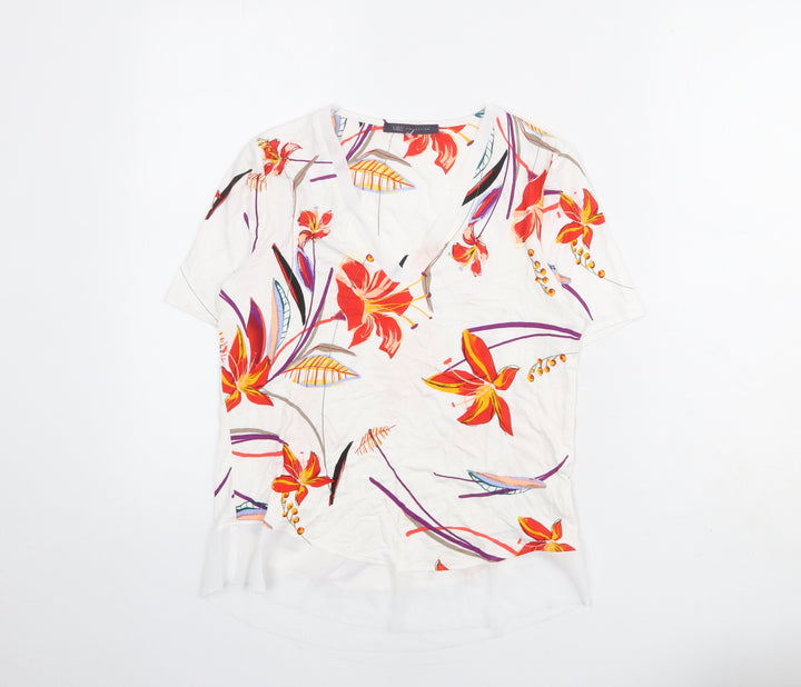 Marks and Spencer Womens White Floral Viscose Basic Blouse Size 6 V-Neck