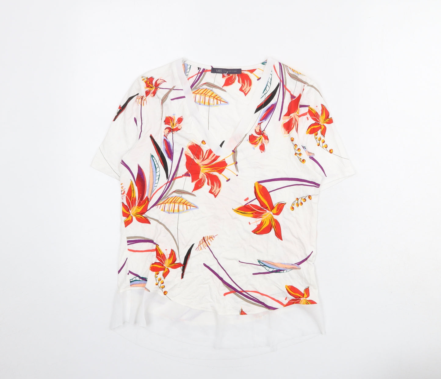 Marks and Spencer Womens White Floral Viscose Basic Blouse Size 6 V-Neck