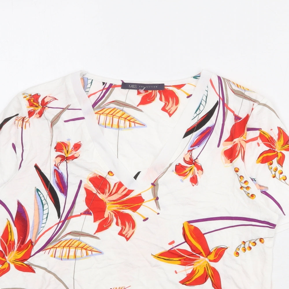 Marks and Spencer Womens White Floral Viscose Basic Blouse Size 6 V-Neck