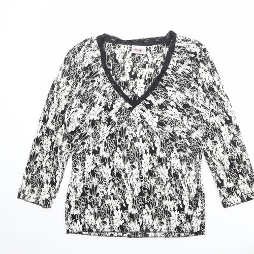NEXT Womens Black Geometric Polyester Basic T-Shirt Size 14 V-Neck