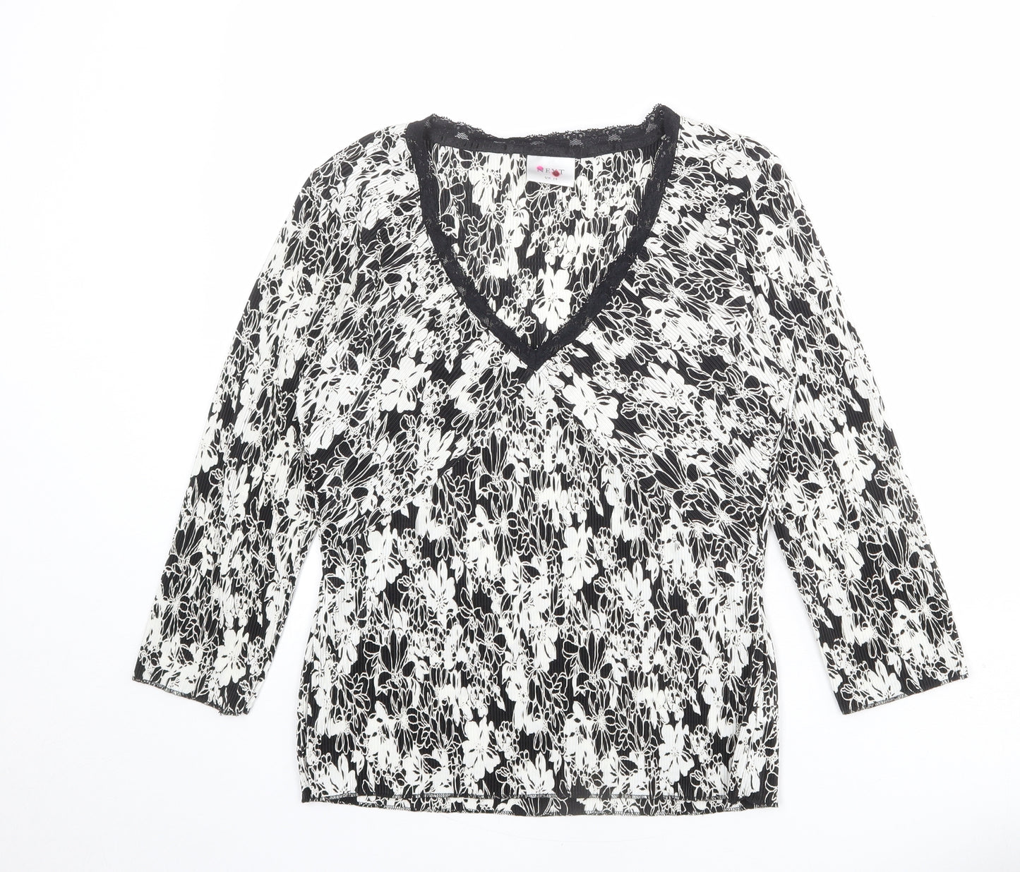 NEXT Womens Black Geometric Polyester Basic T-Shirt Size 14 V-Neck