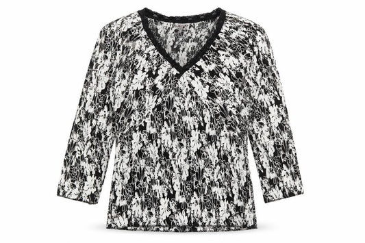 Front view of Next women’s black geometric polyester basic t-shirt, size UK 14, v-neck